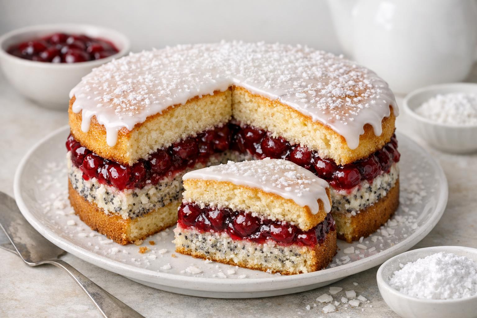 Торт з кокосово-маковою начинкою та вишнями — ніжний десерт з двох коржів та багатим начинковим прошарком